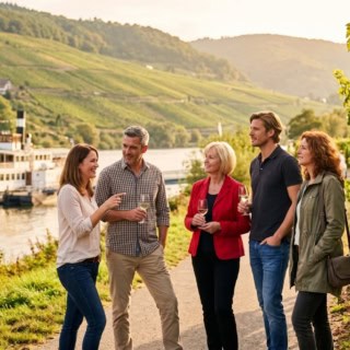Eine Gruppe bei einer Weinwanderungen. Im Hintergrund schippert ein Dampfer entlang der Elbe.