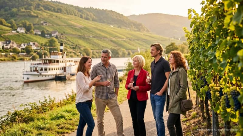 Eine Gruppe bei einer Weinwanderungen. Im Hintergrund schippert ein Dampfer entlang der Elbe.