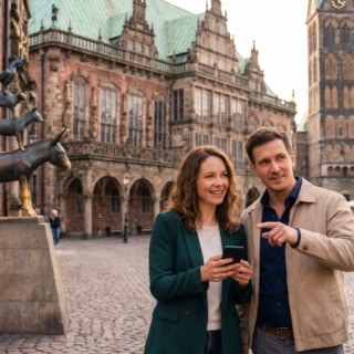 kulinarische-stadtführung in bremen die Stadtmusikanten Zwei Personen machen eine kulinarische Stadtführung in Bremen und sehen sich die 3 Stadtmusikanten an.