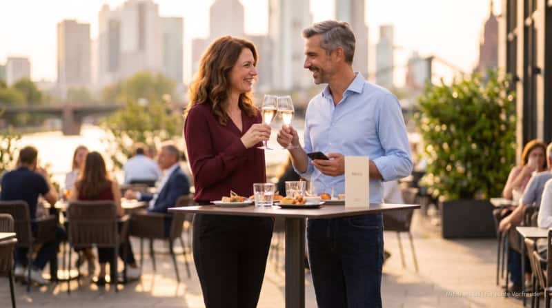 Zwei Personen stehen an einem Stehtisch im Freien und trinken ein Aperitif in Frankfurt am Main.
