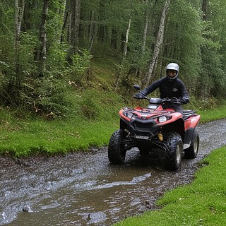 Quadfahrer auf Matschweg im Wald