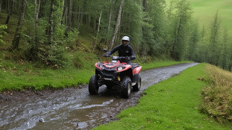 Quadfahrer auf Matschweg im Wald