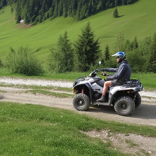 Zwei Quadfahrer im Gebirge auf einem Feldweg