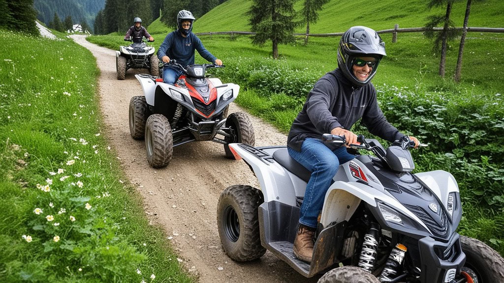 3 Quadfahrer auf Kiesweg in den Bergen