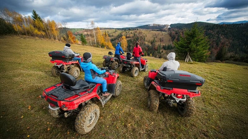 5 Quad Fahrer die eine schräge Wiese hinunter schauen.