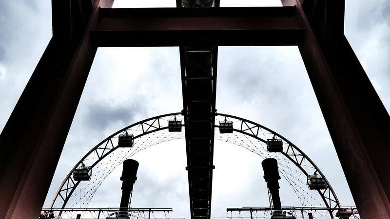 Riesenrad mit großer Metallkonstruktion im Vordergrund