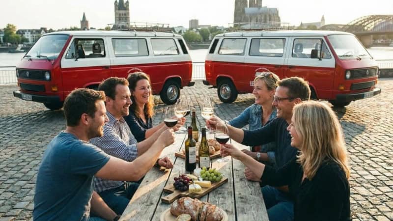 Eine Gruppe bei einer Weinverkostung. im Hintergrund sind 2 VW Bullies der Bullitour