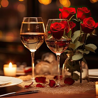 Ein romantisch gedeckter Tisch in einem Restaurant mit roten Rosen, Kerzenlicht und Sekt. - Candle Light Dinner.