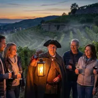 Personengruppe bei einer Weinwanderung bei Sonnenuntergang in den Weinbergen.