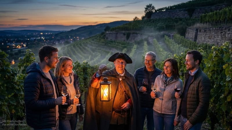 Personengruppe bei einer Weinwanderung bei Sonnenuntergang in den Weinbergen.