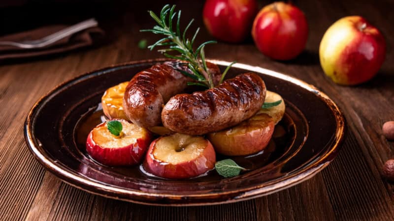Wildbratwurst auf gegrillten Äpfeln auf dem Teller, Äpfel im Hintergrund.