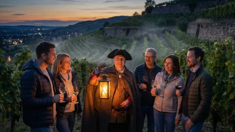 Personen sind bei der Nachtwächter Tour in Radebeul zu sehen.