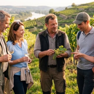 Gruppe bei einer Weinwanderung mit Verkostung.