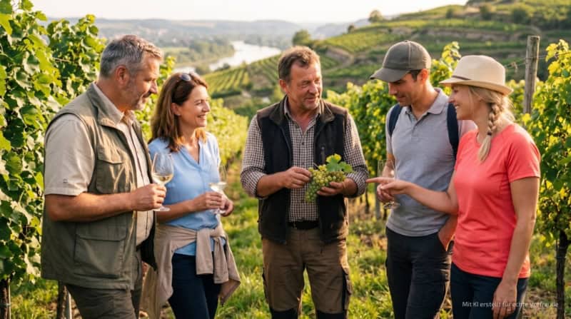 Gruppe bei einer Weinwanderung mit Verkostung.