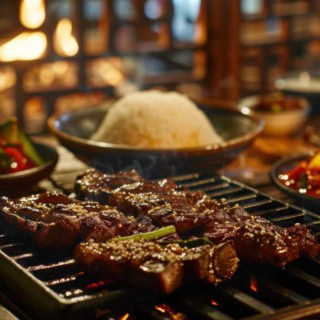 Asiatische Speisen werden auf dem Grill gegrillt.