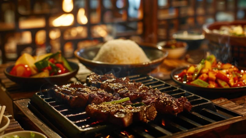 Asiatische Speisen werden auf dem Grill gegrillt.