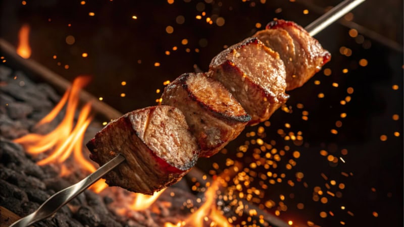 Fleischstücke werden auf einem Schaschlik gegrillt.