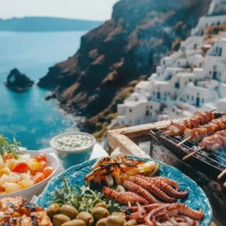 grillkurs-mediterran-frankfurt-am-main Mediterrane Gerichte werden mit Blick auf die griechische Landschaft gegrillt.