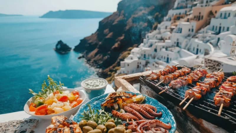 Mediterrane Gerichte werden mit Blick auf die griechische Landschaft gegrillt.