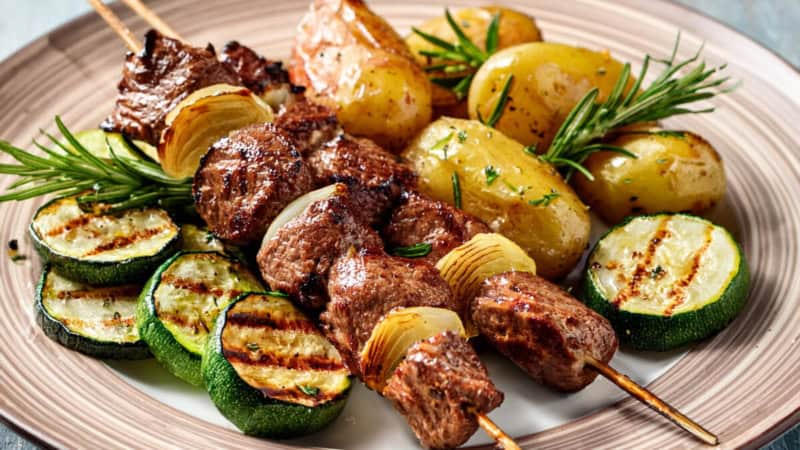 Mediterranes Schaschlik mit gegrillten Gemüse auf einem Teller.
