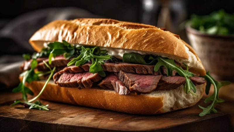Eine Baguette gefüllt mit einem gegrillten Steak und Gemüse.