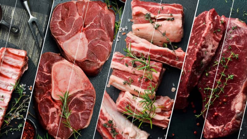 Verschiedene Steak Sorten auf einem Bild.