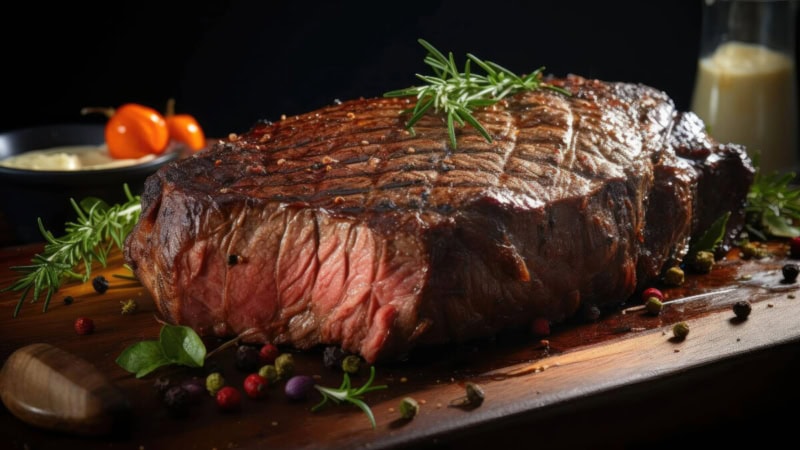 Gegrilltes Ribeye Steak auf einem Schneidebrett.