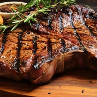 T-Bone Steak auf einem Schneidebrett, Gemüse, Gewürze und Soße im Hintergrund.