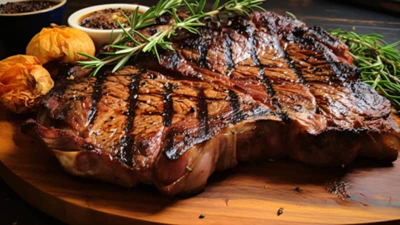 T-Bone Steak auf einem Schneidebrett, Gemüse, Gewürze und Soße im Hintergrund.