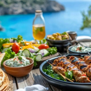 Blick auf griechisches Essen vor dem Hintergrund griechischer Landschaften.