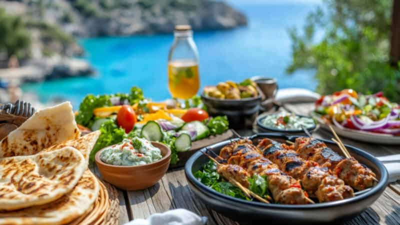 Blick auf griechisches Essen vor dem Hintergrund griechischer Landschaften.