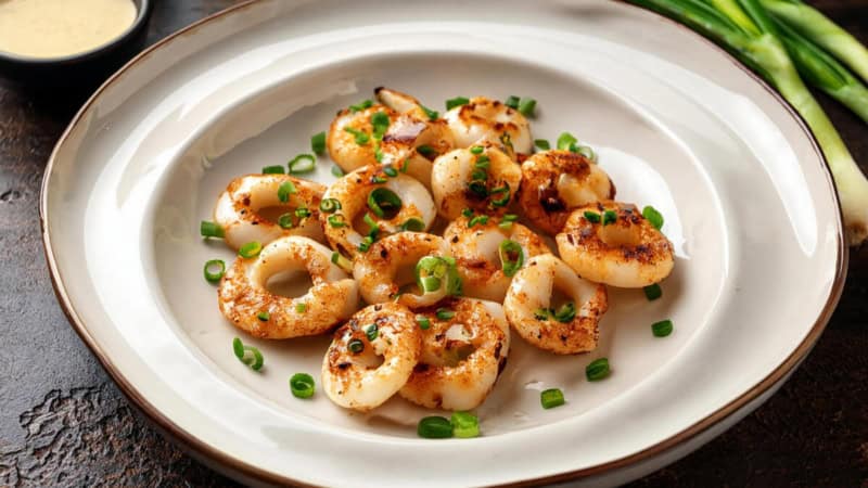 Gegrillte Baby Calmari mit Schnittlauch.