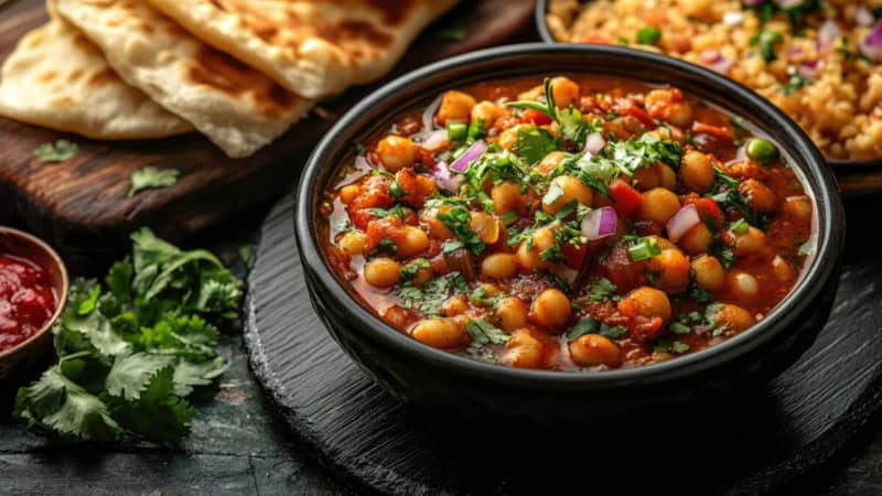 Chana Chaat Gericht mit Bohnen in einem Topf.