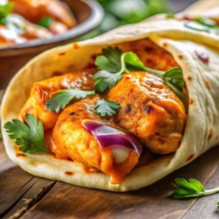 Chicken Roll Wrap auf einem Schneidebrett.