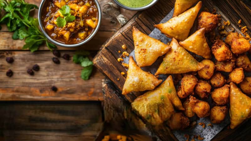Pakoras und Samosas mit Dip auf einem Schneidebrett.