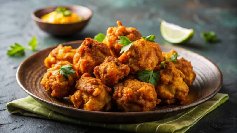 Indische Teigtaschen Pakoras auf einem Teller, Limetten und Soße im Hintergrund.