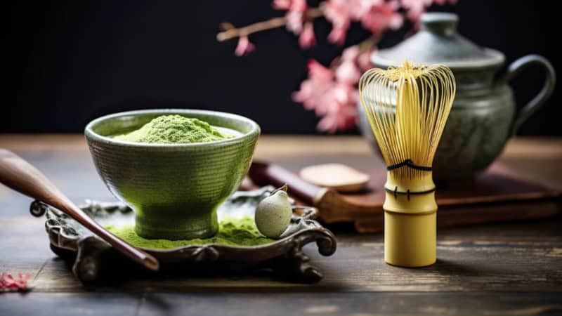 Eine Schale mit Matcha-Puder und einem Schneebesen.