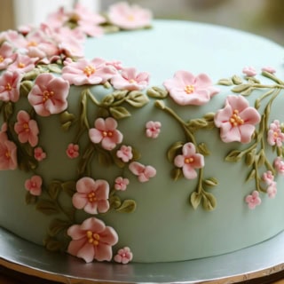 Eine Fondanttorte mit einem Blumen-Motiv auf einem Tisch.