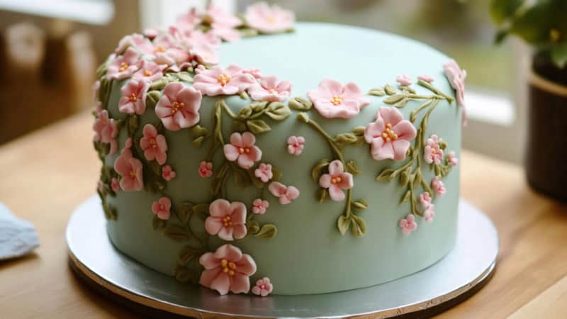 Eine Fondanttorte mit einem Blumen-Motiv auf einem Tisch.