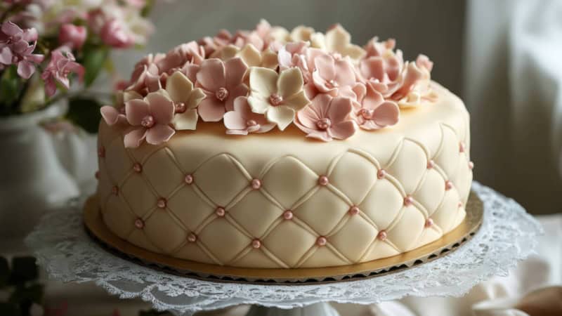 Eine Fondanttorte mit einem Hochzeitsdesign.