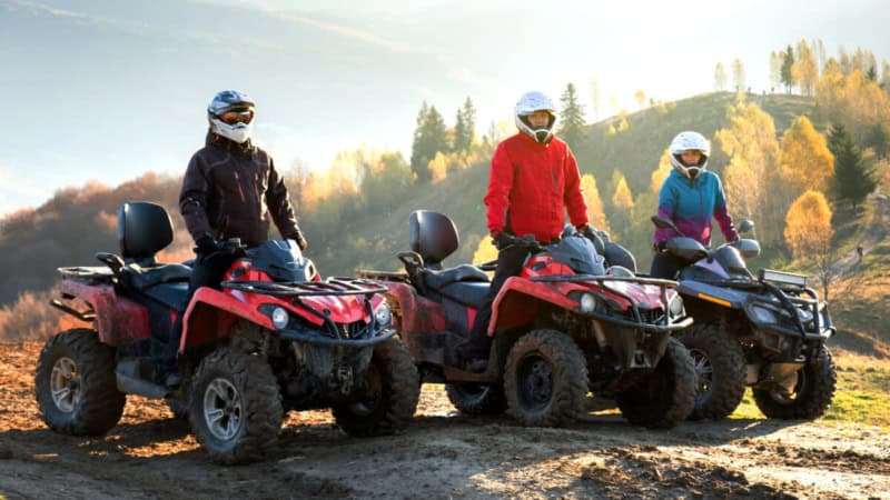 Drei Quad-Fahrer sitzen auf ihren Quads in der Sonne, im Hintergrund dichter Wald.