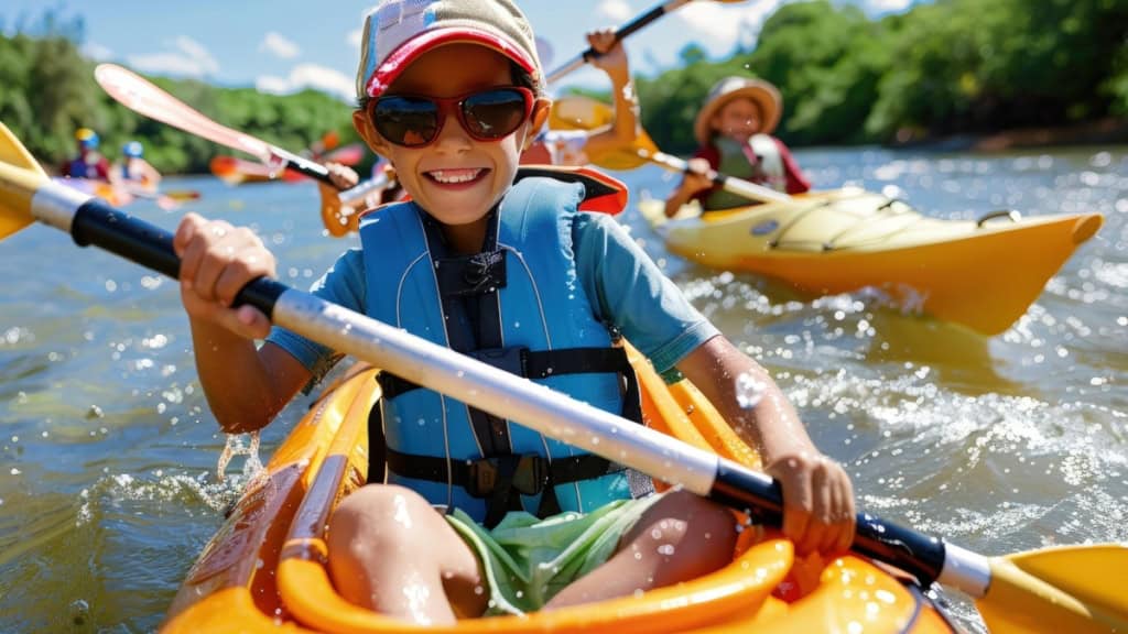 Kleiner Junge der fröhlich und mit voller kraft das Paddel schwingt. I Hintergrund weitere vergnügte Kajakfahrer.