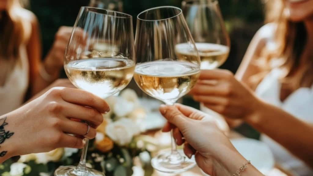 Weingläser Drei Freunde beim anstoßen mit Weißwein