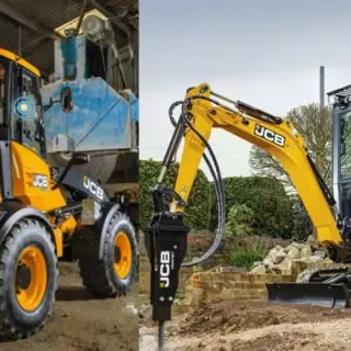 links ist ein Radlader zu sehen, der eine gelbe Farbe hat auf der rechten Seite ist der Mini-Kettenbagger zu sehen