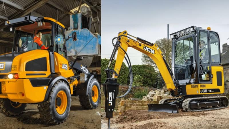 links ist ein Radlader zu sehen, der eine gelbe Farbe hat auf der rechten Seite ist der Mini-Kettenbagger zu sehen