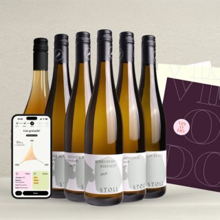 Sechs verschiede Weinflaschen mit App und Infoblatt - Weinprobe.