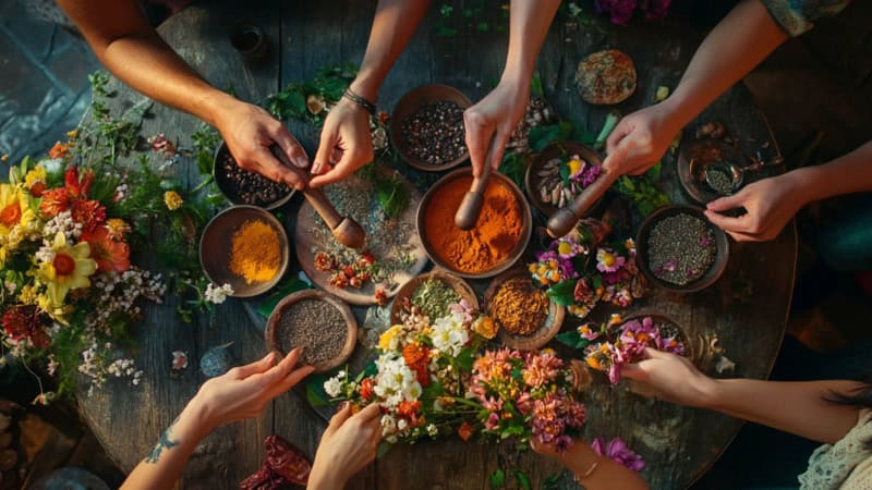 Eine Gruppe von Menschen vermengt gemeinsam beim Gewürze Workshop verschiedene Gewürze miteinander.