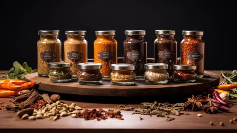 Mehrere gefüllte Aromagläser mit Gewürzen - Gewürze Workshop in Dresden