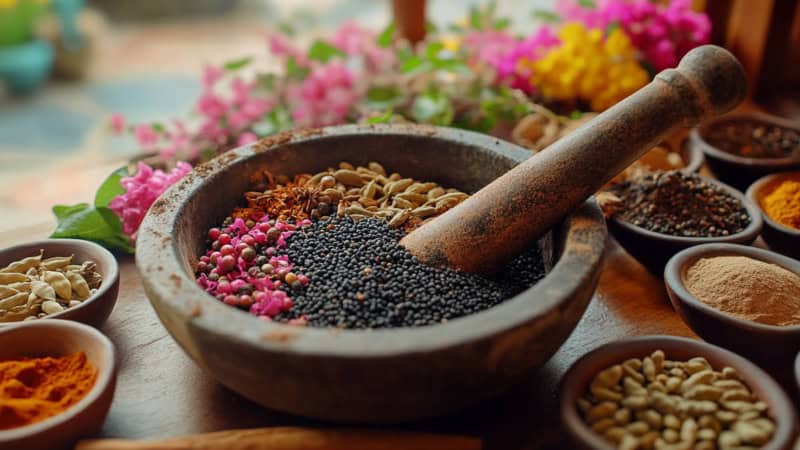 Ein mit Gewürzen gefüllter Mörser mit Stößel - Gewürze Workshop in Dresden