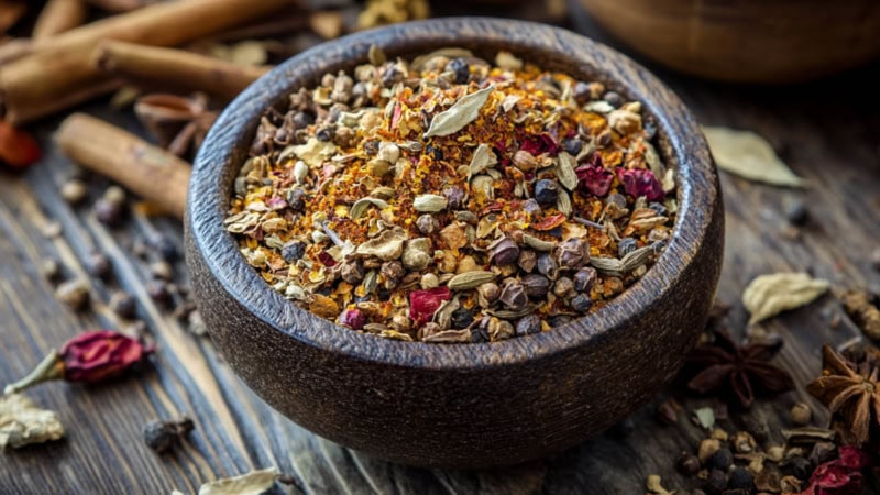 Verschiedene Kräuter und Gewürze in einem Mörser - Gewürze Workshop in Dresden